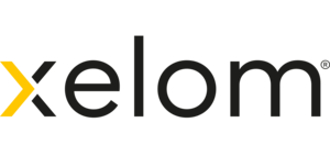 Xelom corporate logo in black and yellow on black background